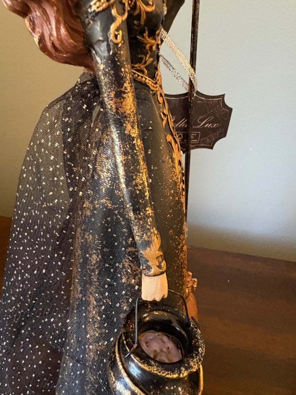 Bella Lux Halloween Witch Figurine Statue Black Gold Damask Dress Cauldron Broom